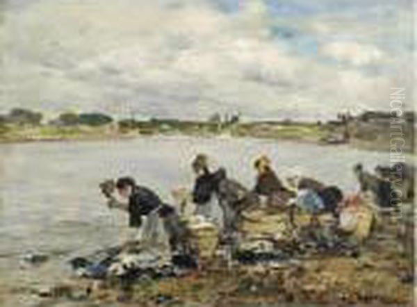 Laveuses Au Bord De La Touques Oil Painting by Eugene Boudin