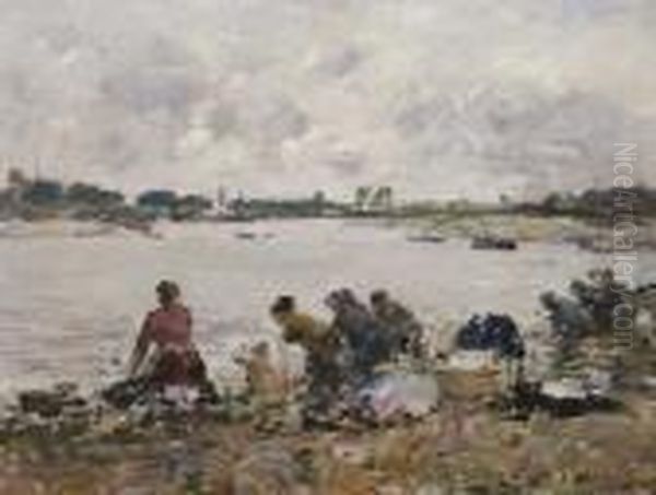 Laveuses Au Bord De La Touques Oil Painting by Eugene Boudin