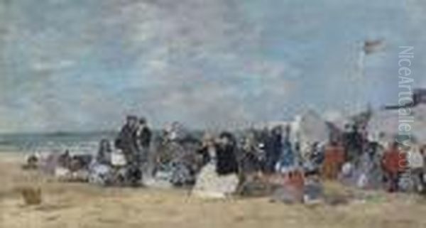 Scene De Plage A Trouville Oil Painting by Eugene Boudin