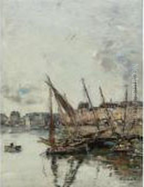 Le Port De Trouville, Maree Basse Oil Painting by Eugene Boudin