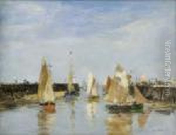 French Oil On Wooden Panel 'la Jetee De Trouville' Signed 8.25 X 10.5in Oil Painting by Eugene Boudin