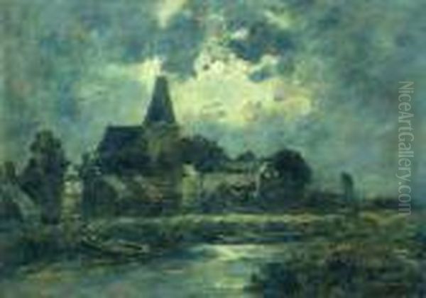 Quillebeuf, L'eglise Vue Du Canal, Clair De Lune Oil Painting by Eugene Boudin