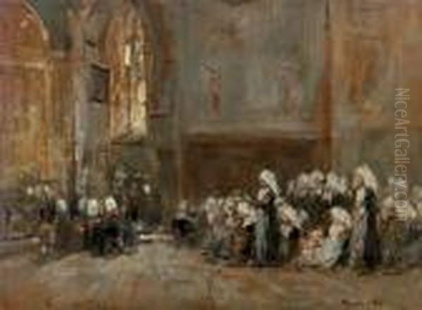 Hanvec. Pardon Dans L'eglise Oil Painting by Eugene Boudin