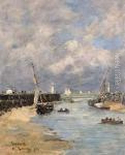 Trouville. Les Jetees. Maree Basse Oil Painting by Eugene Boudin