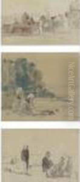 Coin De Village, Les Laveuses And Sur La Plage: Three Drawings Oil Painting by Eugene Boudin