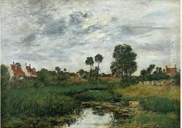 La Maison Du Fermier Environs De Dunkerque Oil Painting by Eugene Boudin