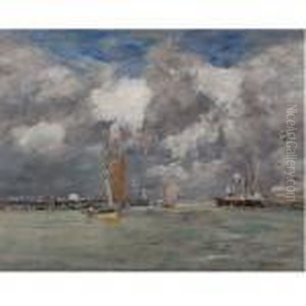 Trouville, Les Jetees, Maree Haute Oil Painting by Eugene Boudin