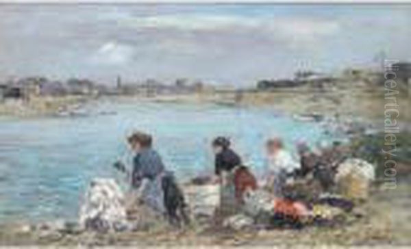 Laveuses Au Bord De La Touques Oil Painting by Eugene Boudin