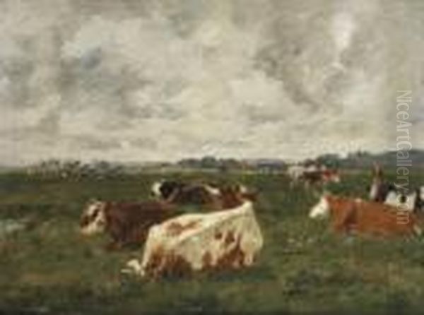 Vaches Au Pre Oil Painting by Eugene Boudin