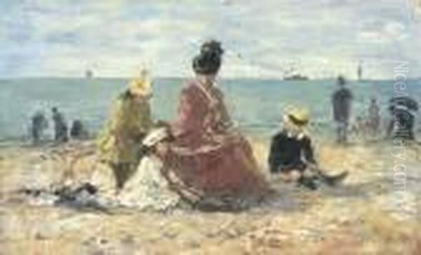 Sur La Plage (le Repos, Plage De Trouville) Oil Painting by Eugene Boudin