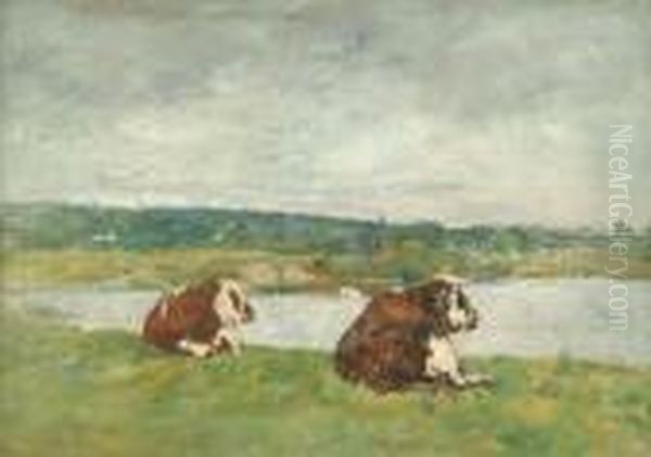 Deaux Vaches Dans Unpaturage Oil Painting by Eugene Boudin