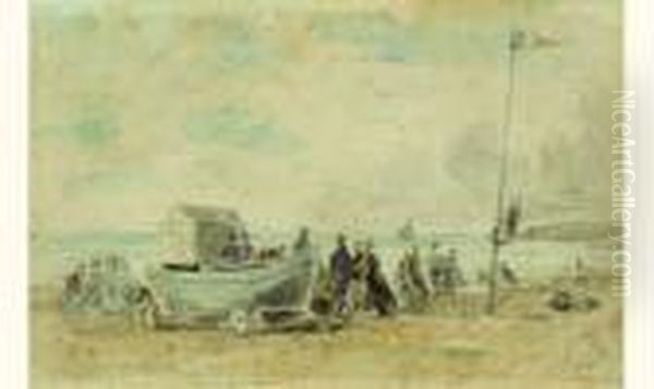 Sur La Plage, Crinolines Et Barque Oil Painting by Eugene Boudin