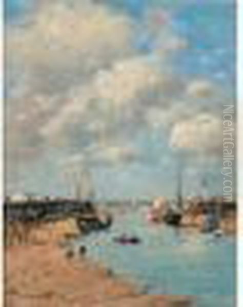 Trouville, Les Jetees, Maree Basse Oil Painting by Eugene Boudin