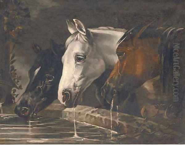 Three horses at a water trough Oil Painting by John Frederick Herring Snr