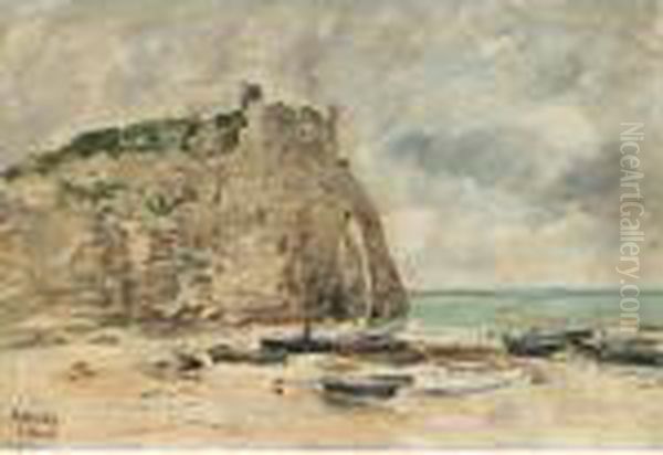 Etretat. Barques Echouees Et Falaise D'aval (esquisse) Oil Painting by Eugene Boudin