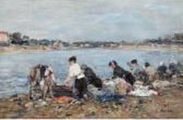 Laveuses Au Bord De La Touques Oil Painting by Eugene Boudin