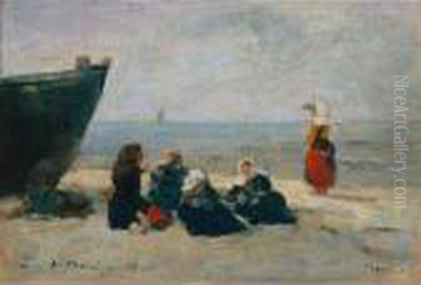 Berck. Pecheuses Guettant Le Retour Des Barques Oil Painting by Eugene Boudin