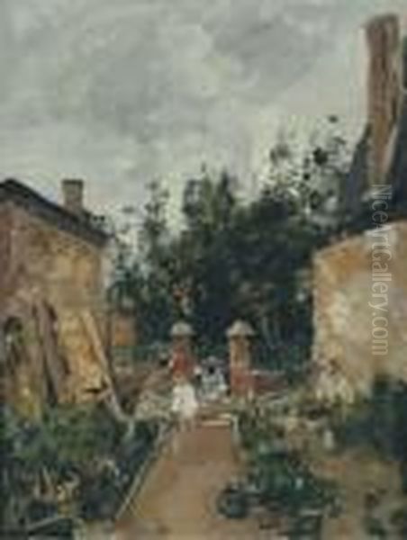 Madame S Et Ses Enfants Dans Son Jardin A Trouville Oil Painting by Eugene Boudin