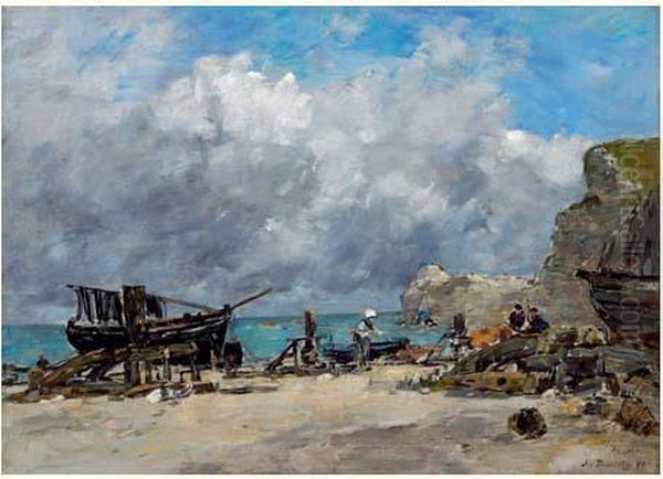 Etretat, Bateaux De Peche Et Pecheurs Sur La Plage Oil Painting by Eugene Boudin