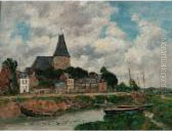 Quillebeuf, L'eglise Vue Du Canal Oil Painting by Eugene Boudin