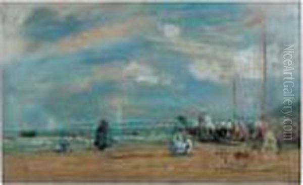 Silhouettes Aux Ombrelles Sur La Plage De Trouville Par Vent Fort Oil Painting by Eugene Boudin