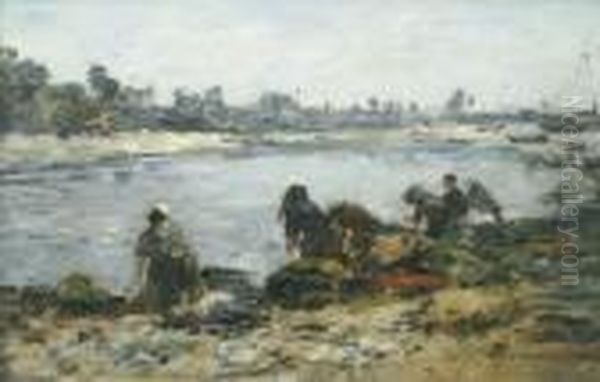 Laveuses Au Bord De La Touques Oil Painting by Eugene Boudin