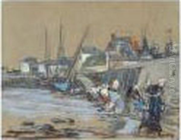 Lavandieres Dans Le Port De Honfleur Oil Painting by Eugene Boudin