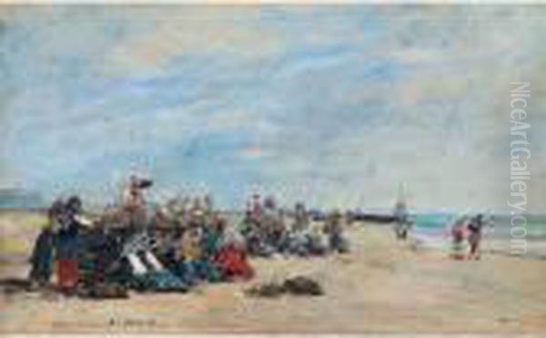 Berck. Groupe De Pecheuses Assises Sur La Greve Oil Painting by Eugene Boudin