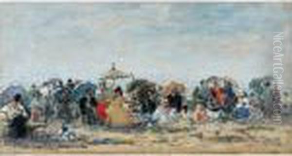 Scene De Plage A Trouville Oil Painting by Eugene Boudin