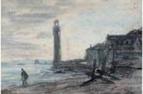 Silhouette Aux Abords D'un Phare Pres Du Rivage Oil Painting by Eugene Boudin