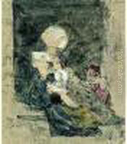 Bretonne Et Enfants Sur Seuil De Sa Maison Oil Painting by Eugene Boudin