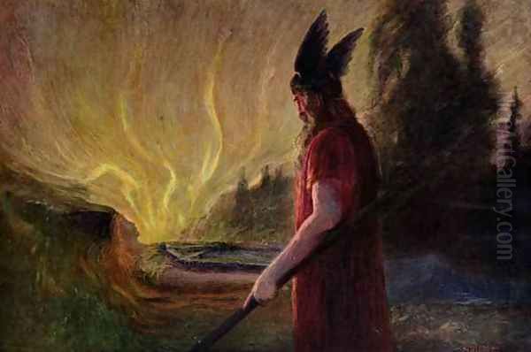 As the flames rise Odin leaves Oil Painting by Hermann Hendrich