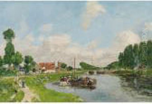 Saint-valery-sur-somme, Peniches Sur Le Canal Oil Painting by Eugene Boudin