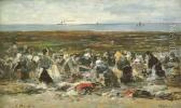 Etretat, Laveuses Sur La Plage, Maree Basse, Falaise D'aval Oil Painting by Eugene Boudin