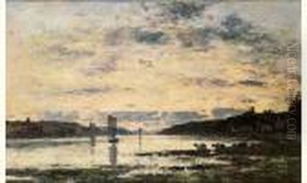 Bretagne. Soleil Couchant. Sur Une Riviere Vers 1870-1873 Oil Painting by Eugene Boudin