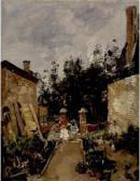 Madame S Avec Ses Enfants Dans Son Jardin A Trouville Oil Painting by Eugene Boudin