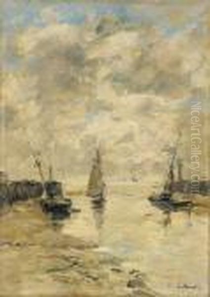 Trouville. Les Jetees. Maree Basse Oil Painting by Eugene Boudin