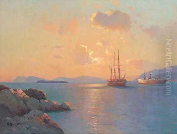 Two ships at sunset Oil Painting by Aleksei Vasilievich Hanzen