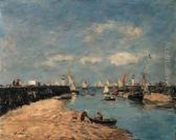 Trouville, Les Jetees, Maree Basse Oil Painting by Eugene Boudin