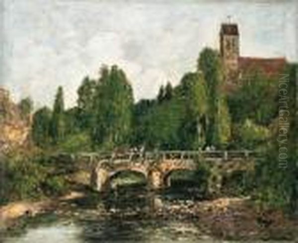 Saint-cenery, L'eglise Et Le Pont Oil Painting by Eugene Boudin