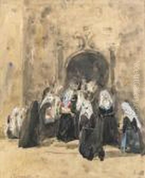 Le Porche De L'eglise De Plougastel Oil Painting by Eugene Boudin