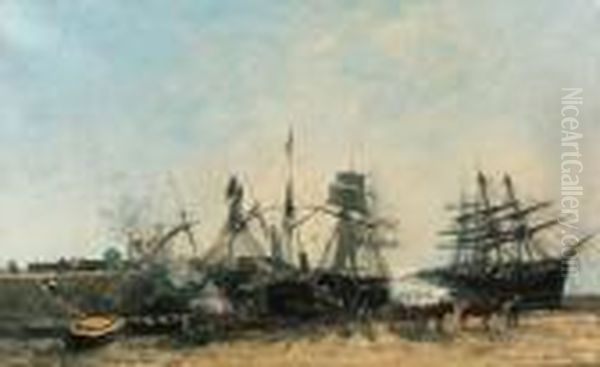 Portrieux. Le Port Mare Basse. Dchargement Du Poisson Oil Painting by Eugene Boudin