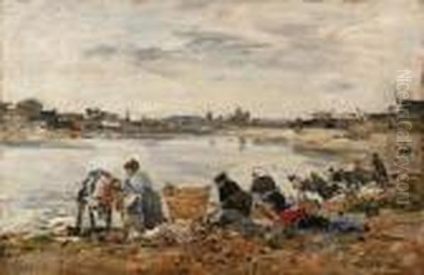 Laveuses Au Bord De La Touques Oil Painting by Eugene Boudin