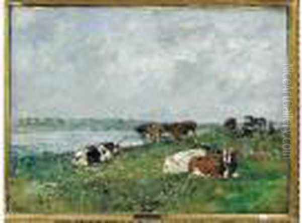 Troupeau De Vaches Au Bord De La Touques, Vers 1892-96. Huile Sur Toile Oil Painting by Eugene Boudin