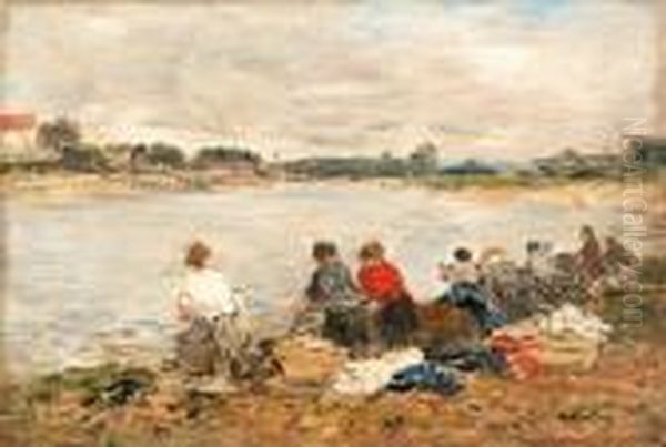 Laveuses Au Bord De La Touques Oil Painting by Eugene Boudin