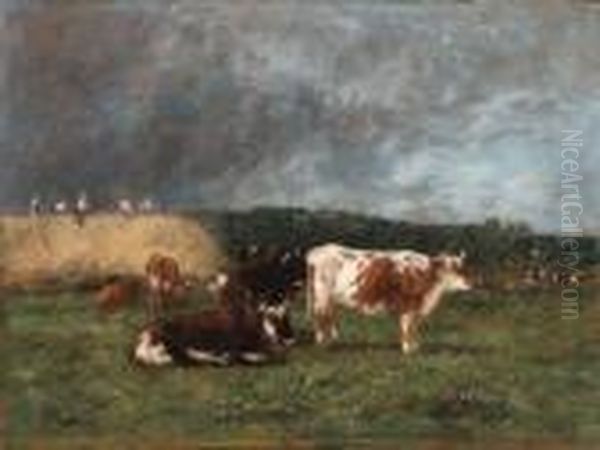 Les Meules, Vaches Au Pturage (haystacks, Cows In Thepasture) Oil Painting by Eugene Boudin