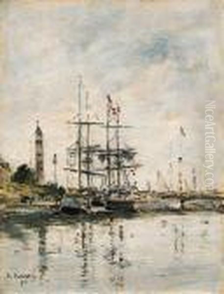 Le Bassin De Deauville (the Harbor At Deauville) Oil Painting by Eugene Boudin