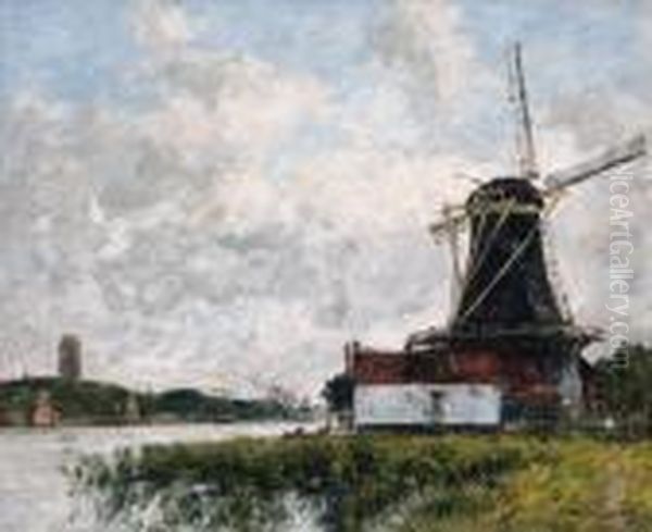 Dordrecht, Moulin Sur Les Bords De La Meuse (dordrecht, Mill On Thebanks Of The Meuse) Oil Painting by Eugene Boudin