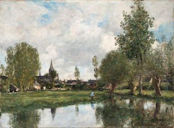 Village Aux Environs De Dunkerque (village Around Dunkerque) Oil Painting by Eugene Boudin