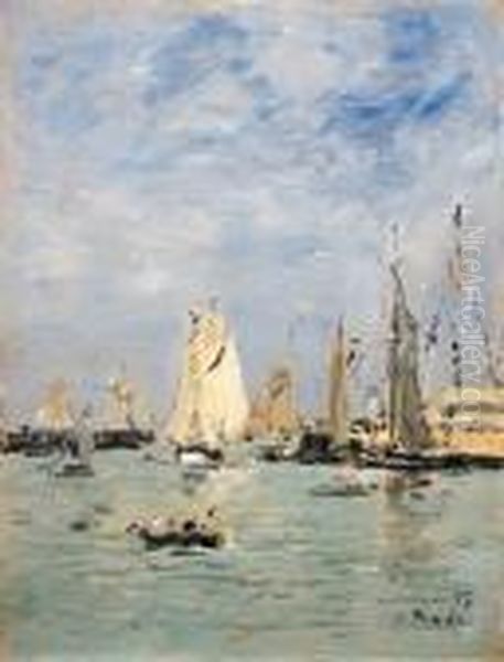 Trouville, Les Jetes Mare Haute (trouville, The Pier Athightide) Oil Painting by Eugene Boudin